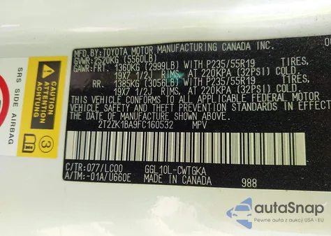 2015 Lexus Rx 350 from USA, damaged, VIN 2T2ZK1BA9FC160532